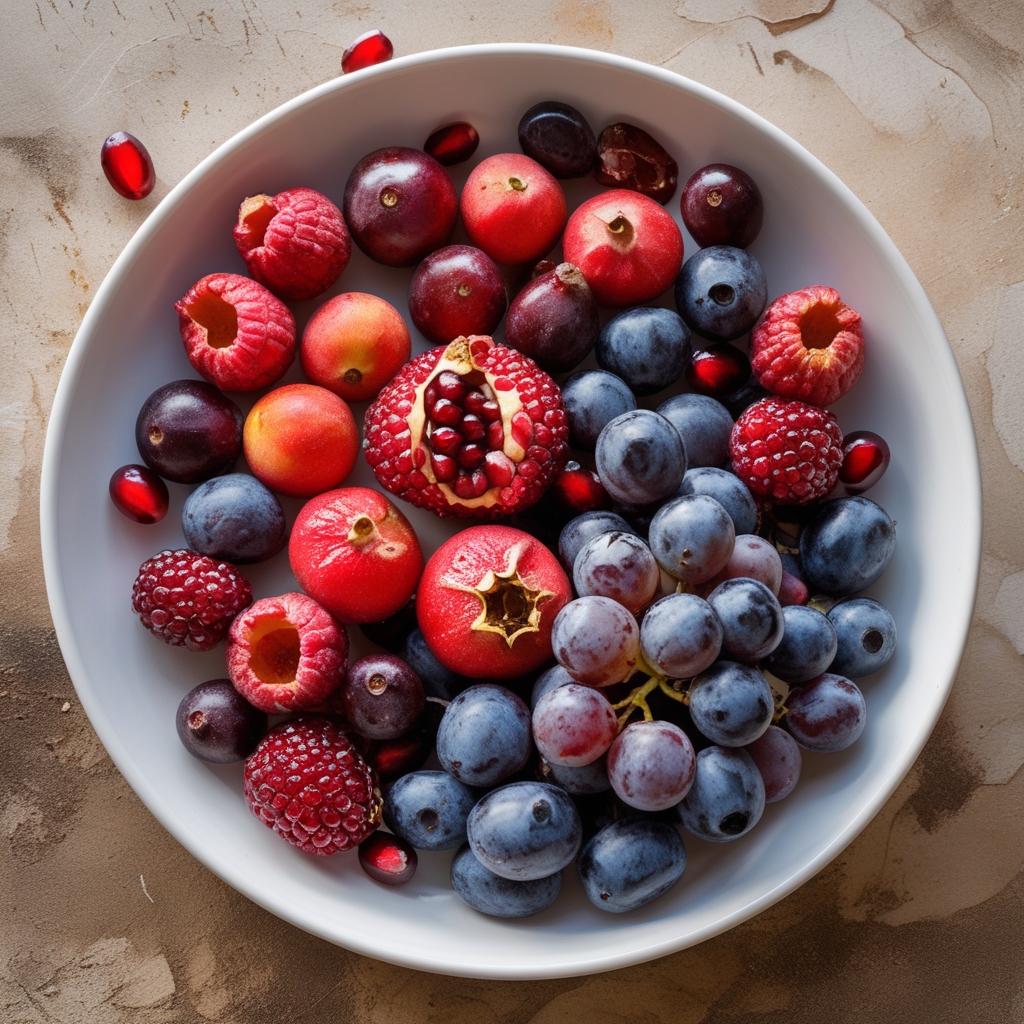 Vibrant array of colorful fresh berries, pomegranate seeds, and dark grapes arranged in a clean white bowl photographed from directly above in natural daylight