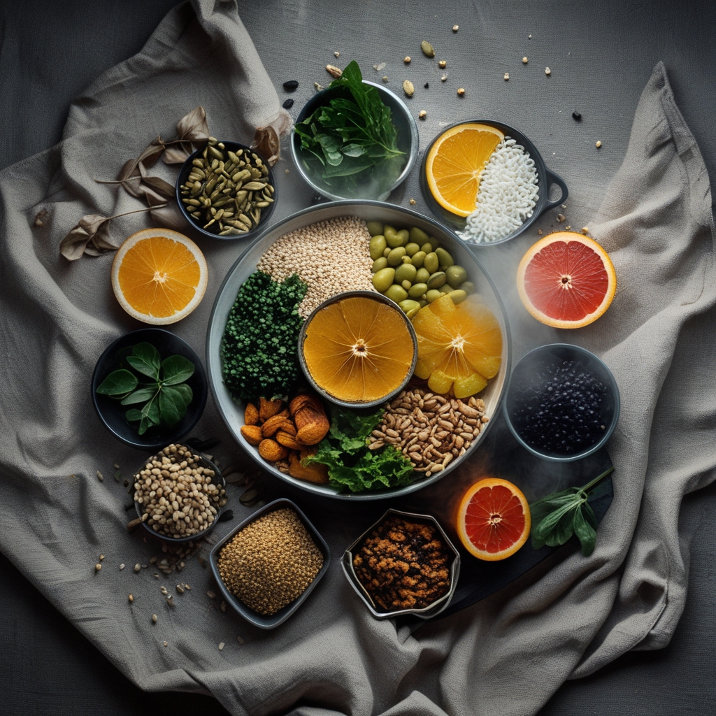 Overhead flat lay of diverse whole foods including dark greens, legumes, citrus fruits, nuts, seeds, and whole grains on a neutral linen background