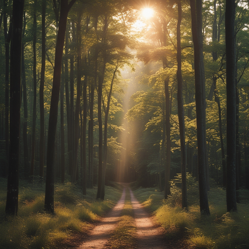 Sunlit forest path with tall trees and dappled light filtering through the canopy, representing natural environments and wellbeing