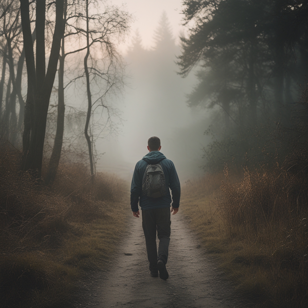 Man walking along a quiet forest trail at dawn with morning mist between the trees, representing calm daily physical activity